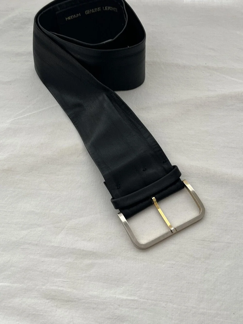 Handmade Wide Genuine Leather Belt Womens Med Black Waist Cinch Statement Buckle